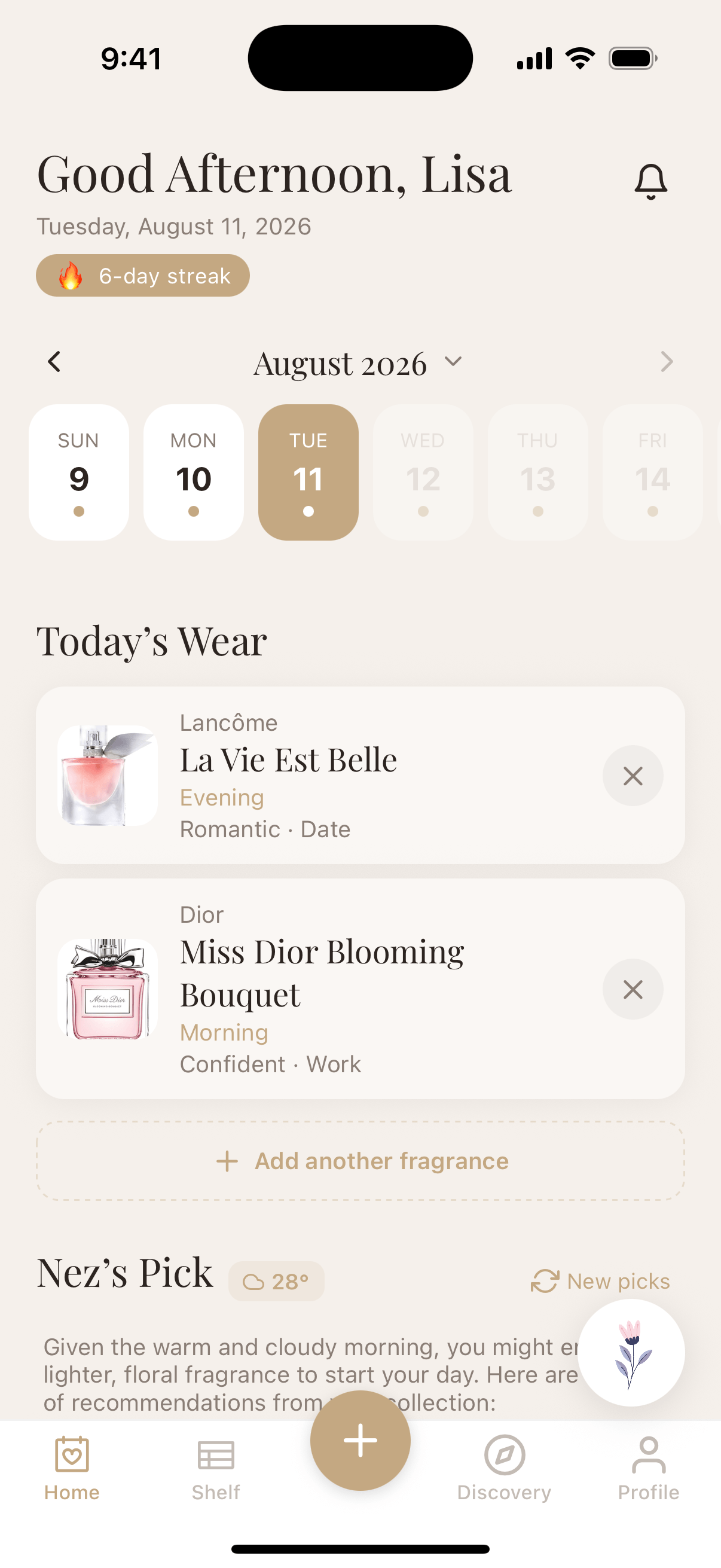 Daily fragrance calendar and wear tracking screen